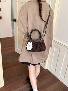 1pc Women's Solid Color Bucket Bag, Fashion Bowknot Decor Shoulder Crossbody Bag With Cartoon Pendant, Suitable For Commuting, Shopping, Gift Giving - Coffee Brown - View 4