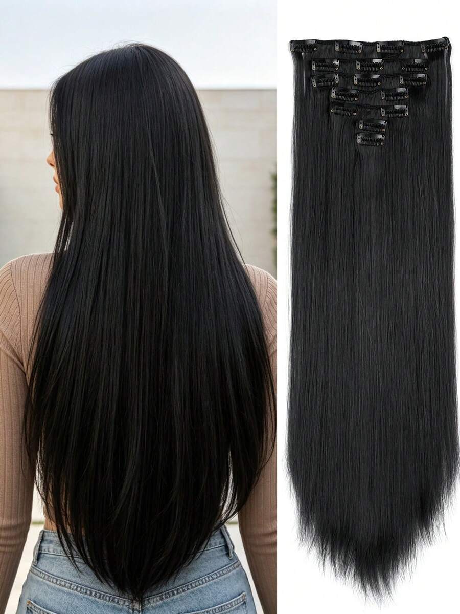 7pcs 22-Inch Straight Black Clip-In Hair Extensions, Full Head Synthetic Hair Extensions For Women