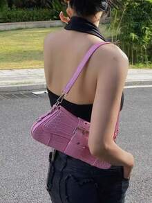 Korean Niche Design Ins Commuter Daily Outing Shopping Sweet Cool Hot Girl Fashionable Modern Metal Chain Shoulder Handbag Vintage Underarm Bag Baguette Bag - Pink - View 2