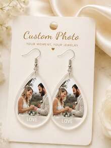 Custom Teardrop Photo Earrings, Elegant Personalized Dangle Earrings, Customized Text Jewelry, Customizable Wedding And Anniversary Gift, Bridal Gift - Style B - View 5