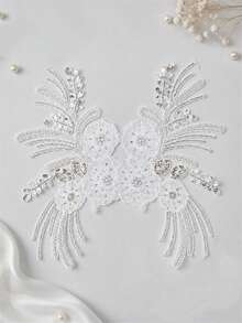 2pcs/Set White Pair Beaded Floral Lace Shoulder Applique, Sheer Tulle Flower Feather Patch, Sew On Decorative Motif For Wedding Dress Bridal Outfit - White - View 4