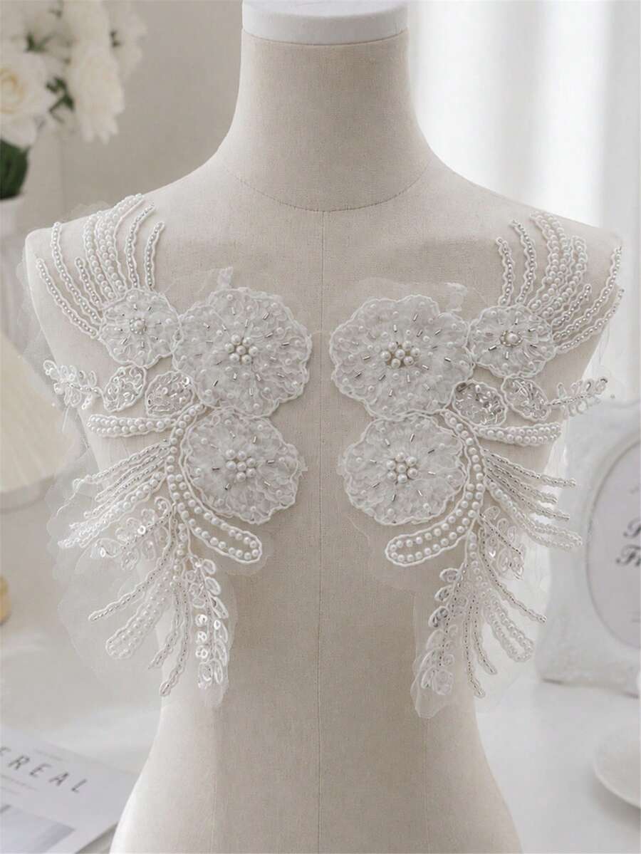 2pcs/Set White Pair Beaded Floral Lace Shoulder Applique, Sheer Tulle Flower Feather Patch, Sew On Decorative Motif For Wedding Dress Bridal Outfit - White - View 1