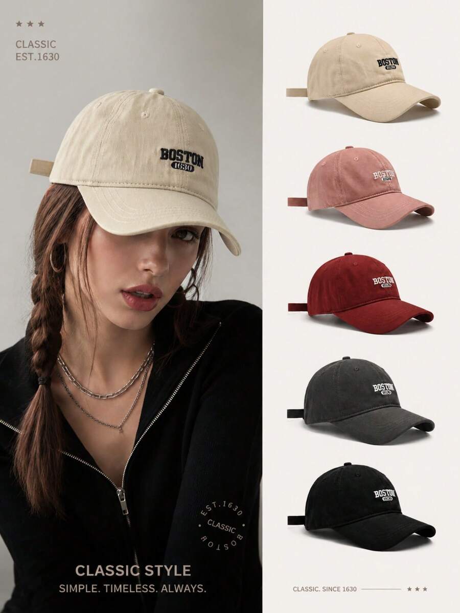 1pc Boston 1630 Embroidered Baseball Cap, Classic Vintage Washed Dad Hat, Lightweight Breathable Adjustable Unisex Summer Hat, Suitable For Travel And Casual Daily Wear - A - View 1