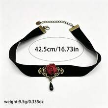 Dark Style Hollow Lace Choker Necklace With Vintage Bronze Frame, Red Rhinestone Teardrop And Black Pendant - Multicolor - View 8