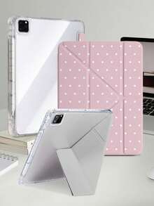 1pc Bean Pink Polka Dot Tablet Case Compatible With IPad Mini6/7/Air/Air2/9.7/10.2/10.5/10.9 (Air4-Air8)/Pro 11/10th Gen/A16/Pro 11 2024, Painted Pattern Tablet Cover With Transparent Acrylic Back Shell, Silk Texture 8-Fold Stand, Auto Sleep/Wake, Built-In Pencil Slot, Pencil Not Included, Some Models With Camera Frame - Multicolor - View 2