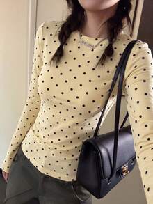 Atasan Lengan Panjang Wanita Motif Polkadot Kasual Serbaguna untuk Sehari-hari, Warna Kuning - Kuning - View 4