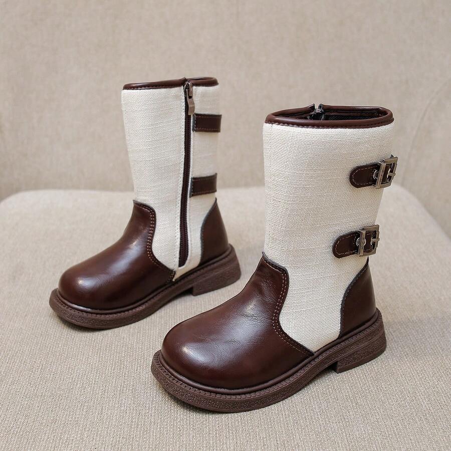 Girls' Vintage Colorblock High-Top Boots, Autumn/Winter British Style Buckle Side Zipper Mid-Calf Leather Boots - Brown - View 1