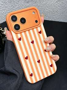 Phone Case: Fashionable Personalized Orange & Pink Striped Heart Phone Case, Anti-Slip Anti-Fall Protective Shell Compatible With IPhone 18 Pro/18 Pro Max/17/17 Pro/17 Pro Max/16/16 Pro/16 Pro Max/15/15 Pro/15 Pro Max/14/13/12/11, French Aesthetic Soft TPU Protective Shell, Designed For Women - Orange 1 - View 2