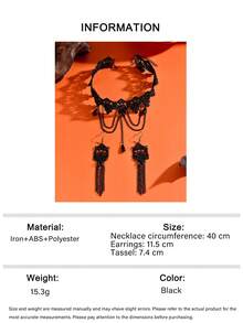 1 Set 3pcs Dark Vintage Faux Crystal Pendant Lace Choker Necklace With Metal Chain Tassel Earrings Jewelry Set For Women, Halloween Thanksgiving Party Costume Accessories, Holiday Gift - Black - View 7