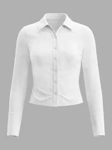 Yepolly-Pop Women Spring Autumn Cropped Button Up Shirt, White Collared Long Sleeve Slim Fit Top, Casual Street Style Outfit - White - View 9