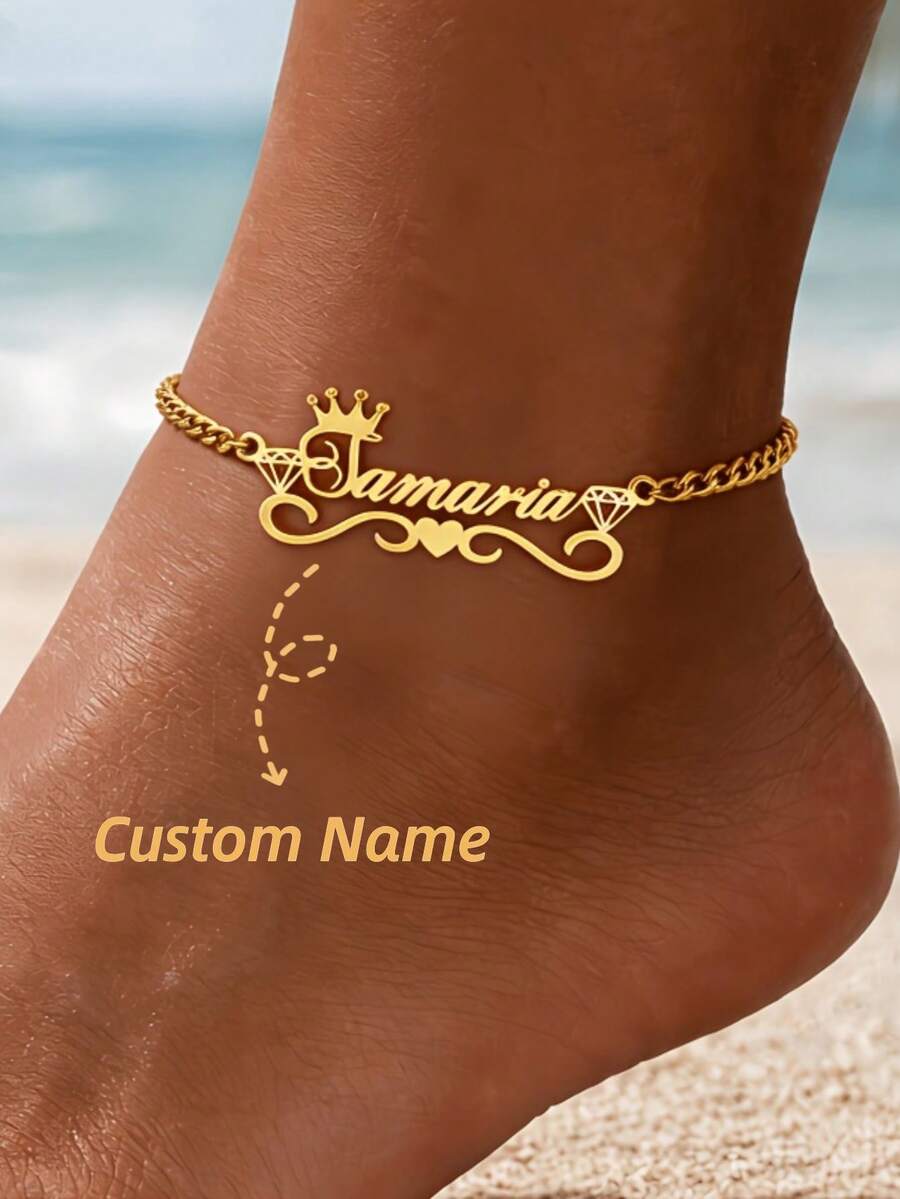 Custom Minimalist Heart Name Anklet, Personalized Heart Name Anklet, Stainless Steel Fashion Waterproof Durable Jewelry, Beach Sand Vacation First Choice Jewelry, Name Jewelry, Family Jewelry, Mother Jewelry, Gift For Wife, Her Birthday Gift - Silver - View 1