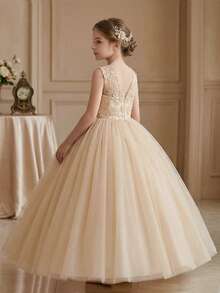 Tween Girl Champagne Color Flower Girl Dress With Open Back For Wedding - Champagne - View 1
