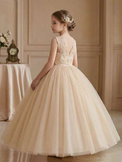 Tween Girl Champagne Color Flower Girl Dress With Open Back For Wedding