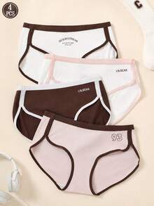 4 buah Celana Dalam Wanita Katun Lembut Model Hipster, Trim Warna Kontras dengan Cetakan Huruf, Celana Dalam Model Pinggang Sedang, Pakaian Dalam Wanita Nyaman untuk Sehari-hari (Paket Multipack) - MultiWarna - View 8