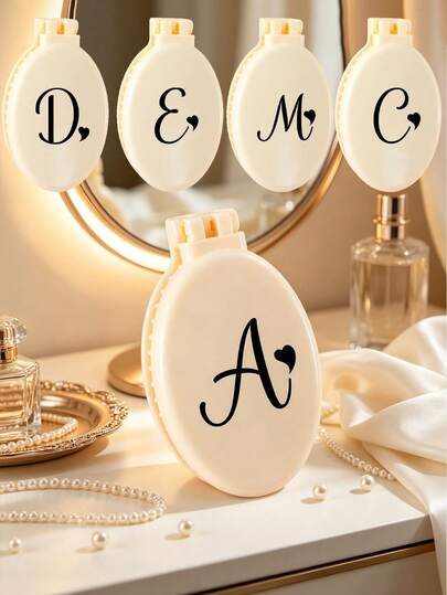 Beige Portable Hollow Makeup Mirror Integrated Folding Makeup Mirror Set - Portable, Desktop, Modern Travel Beauty Tool, Printed With Artistic Heart Black Letters, With Folding Comb And Makeup Mirror, Lightweight And Easy To Carry, Travel Essential, Home Essential, Party Essential, Wedding Season, Bridesmaid Gift, Back To School, Teacher's Day Gift