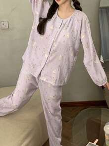 2pcs/Set Women's Pajamas Spring Autumn Long Sleeve Long Pants Sleepwear Skin-Friendly Home Wear Cute Cat Print Button-Up Set - Lilac Purple - View 4