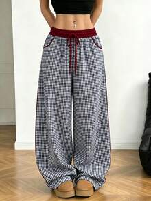 Women Plaid Loungewear Pants, Fall Winter Loose Drapey Straight‑Leg Slim Fit Casual Long Pants Wearable Outdoors - Multicolor - View 1