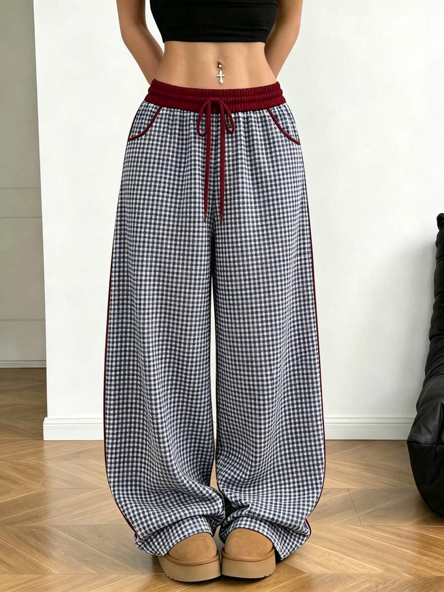 Women Plaid Loungewear Pants, Fall Winter Loose Drapey Straight‑Leg Slim Fit Casual Long Pants Wearable Outdoors - Multicolor - View 1