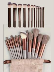 12pcs Professional Soft Bristle Long Aluminum Handle Makeup Brush Set, Including Soft Foundation Brush, Eyeshadow Brush, Eyebrow Brush, Blending Brush, Highlighter Brush, Concealer Brush, Suitable For Daily Use And Travel, Great Gift For Makeup Tool Accessories, Store The Full Set Of Makeup Brushes In A Makeup Bag, Pair With Daily Outfits For Back To School, Essential For Halloween Outfits And Holiday Dressing. - Coffee Brown - View 9