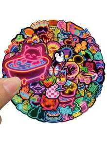 60pcs/Pack Cute Cartoon Neon Color Animals Stickers, Decorative Decals For Phone Stationery Laptop Guitar Luggage Notebook Sticker - Multicolor - View 7