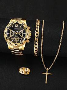 5pcs Gold Hip Hop New Men's Watch & Jewelry Set, Cross, Embossed Wallet, Suitable For Daily Wear, Holiday Gift, For Father - Gold - View 3