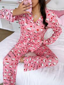 Noctvar OBM Sleepwear X Hello Kitty طقم بيجامة نسائي بطبعة هالو كيتي وردية لطيفة على كامل التصميم مع كارديجان بياقة، ملابس منزلية ناعمة ومريحة بأسلوب أنثوي، طقم من قطعتين - وردي - مشاهدة 2
