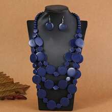 European American African Exaggerated Bohemian Multi-Layer Colorful Wooden Bead Necklace - Royal Blue - View 1