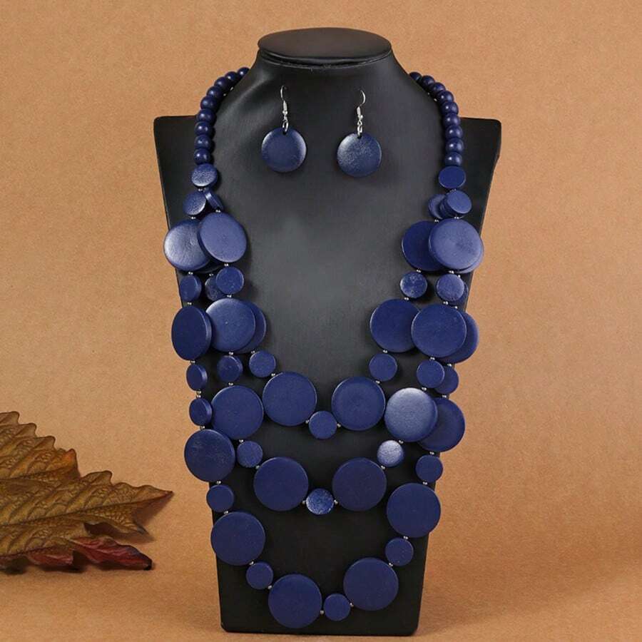 European American African Exaggerated Bohemian Multi-Layer Colorful Wooden Bead Necklace - Royal Blue - View 1