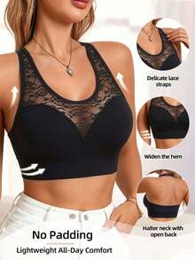 Women's Halter Lace Bra, Floral Mesh Lace Back Comfortable Everyday Bra, Suitable For Daily Wear - Black - View 1