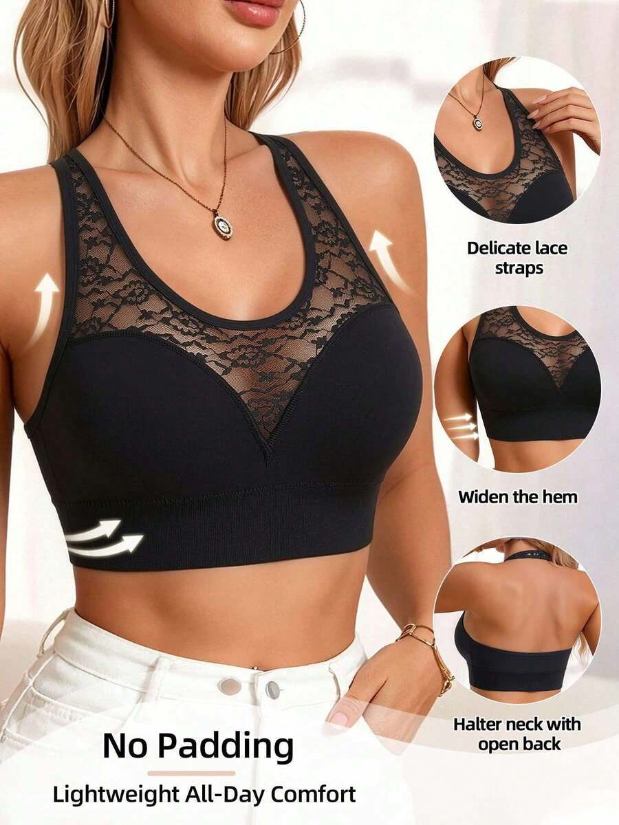 Women's Halter Lace Bra, Floral Mesh Lace Back Comfortable Everyday Bra, Suitable For Daily Wear - Black - View 1