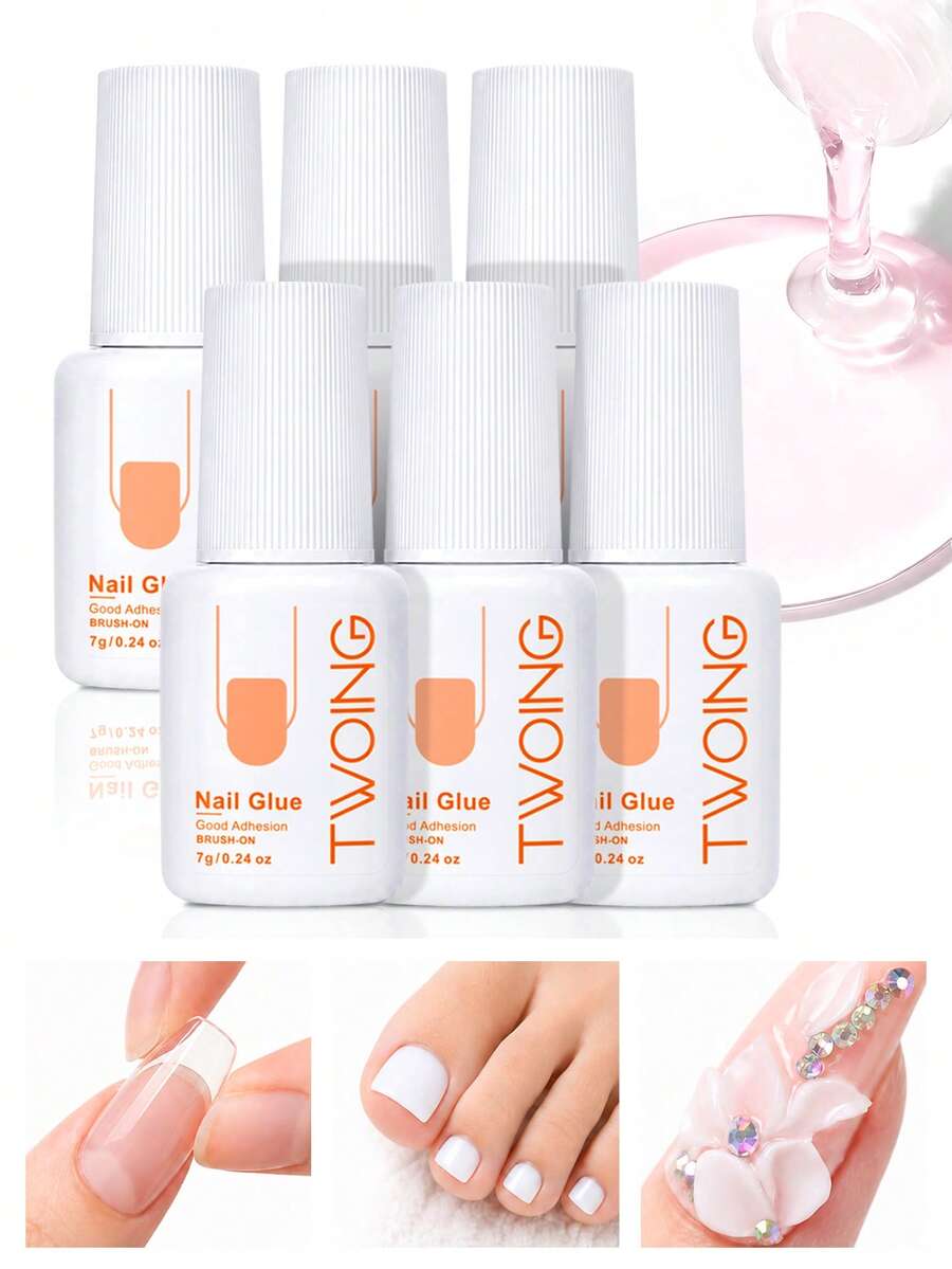 TWOING 6pcs/3pcs/1pc 7g Quick-Drying Brush-On Nail Glue For Press-On Nails, Acrylic Nail Tips, Fake Nails, Small Rhinestones & Nail Charms, Clear Strong-Hold Adhesive, No UV Lamp Needed