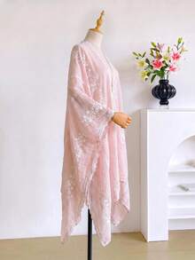 1pc Elegant Floral Embroidered Split Kimono/Sarong Shawl For Women, Bohemian Style Spring/Summer Beach Vacation Sun Protection Cover-Up, Decorative Embroidered Cardigan, Suitable For Daily Wear, Perfect Gift Choice - Pink - View 3