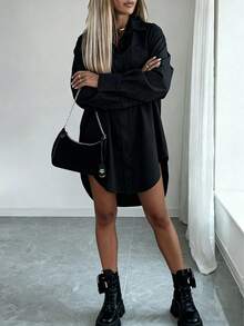 Blusa casual de manga larga con botones y bajo curvo de unicolor negro para primavera - Negro - Ver 2