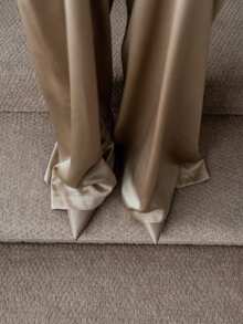 Petite Women Champagne Satin Wide Leg Pants, High Waist Draped Trousers, Old Money Style Flowy Bottoms For Daily Commute & Back To School - Champagne - View 5