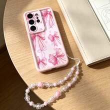 1pc Pink TPU Shockproof Protective Phone Case With Bow Pattern, Detachable Hand Strap And Bracelet Accessory, Perfect For Girls' Daily Use, Compatible With Galaxy S26/Galaxy A17/A57/ Y17S/ A3X And Honor 200/ And Other Android Series - Pink - View 5