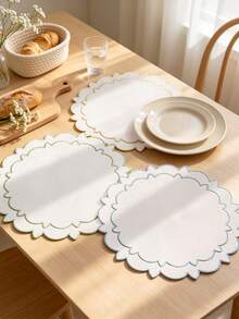 1-4pcs Gold Trim Double Layer Petal Embroidered Placemats, Korean Cream Style Fabric Round Wavy Edge Heat-Insulating Table Mats, Wedding Spring Afternoon Tea Table Decor - Multicolor - View 2