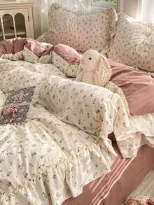 Pink Ruffle Lace Duvet Cover 4-Piece Set, Soft And Comfortable Bedroom Bedding, No Filling, Botanical Print, Breathable And Soft All-Season Bedding Set Including 1 Duvet Cover, 1 Bed Sheet, 2 Pillowcases, Suitable For Bedroom, Dorm, Home Use, Multiple Size Options - Pink - View 4
