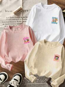 3pcs Girls Long Sleeve Crew Neck T-Shirt Set, Cute Glitter Dumpling Cartoon Print Top, Soft Casual Daily Autumn Tops For Little Girls - Multicolor - View 2