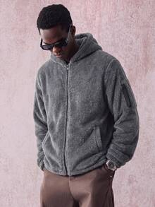 MAISONFOX Men's Solid Color Minimalist Reversible Fleece Hooded Casual Zip-Up Jacket, Autumn/Winter Double-Sided Lamb Fleece Lining Warm Coat - 深灰色 - 查看 7