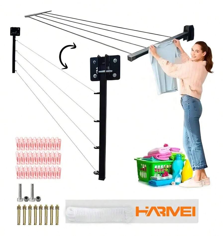 Tendedero Plegable Retráctil de Pared, para Ropa y Cobijas con Pinzas, Reforzado de Metal y Acero Inoxidable - negro - Ver 1