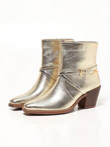 Women's Gold Strap Buckle Side Zipper Chunky Heel Square Toe Comfortable Versatile Office Commute Daily Vacation Spring Autumn Fashion Ankle Boots - Gold - View 4