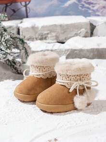 Girls Lace Bow Thermal Lined Snow Boots, Baby Warm Plush Ankle Boots - Brown - View 2
