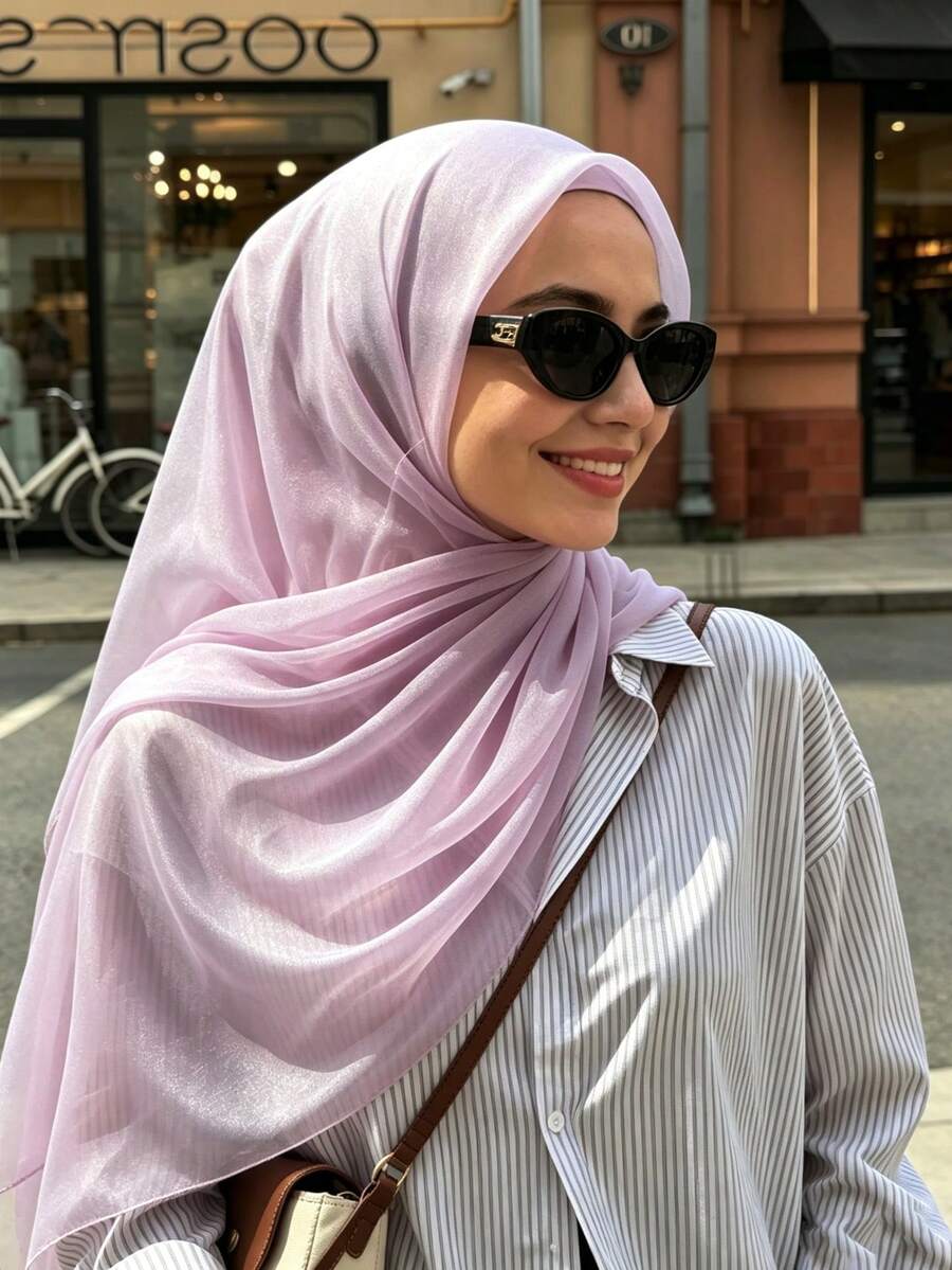 1PC Natural Solid Color Muslim Hijab, Island Shiny Silk Long Scarf, Arabic Scarf Thin Breathable - Taro Purple - View 1