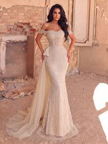 Elasola Charming Off-Shoulder Mesh Train Evening Gown For Women, Lace-Up Back Wedding Party Fall - Apricot - View 5