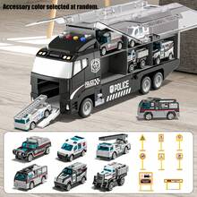 TEMI 兒童玩具車 7合1運輸車玩具，多功能貨櫃卡車與6輛合金小車，互動玩具車，適合3歲及以上兒童，生日與聖誕理想禮物（配件顏色隨機） - 黑色 - 查看 11
