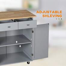 Rolling Kitchen Island On Wheels, Utility Serving Cart With Rubber Wood Top, Towel Rack, Hooks And Storage Drawers, Grey - Multicolor - View 6