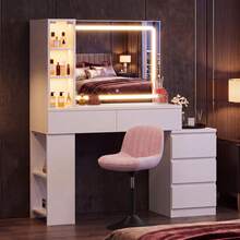 Devoko Vanity Table With LED Mirror, Dressing Table With 5 Drawers, 3 Illuminated Display Cabinets, Open Shelves, Bag Storage, Power Panel, And Selectable Chair Combination, White - 查看 2