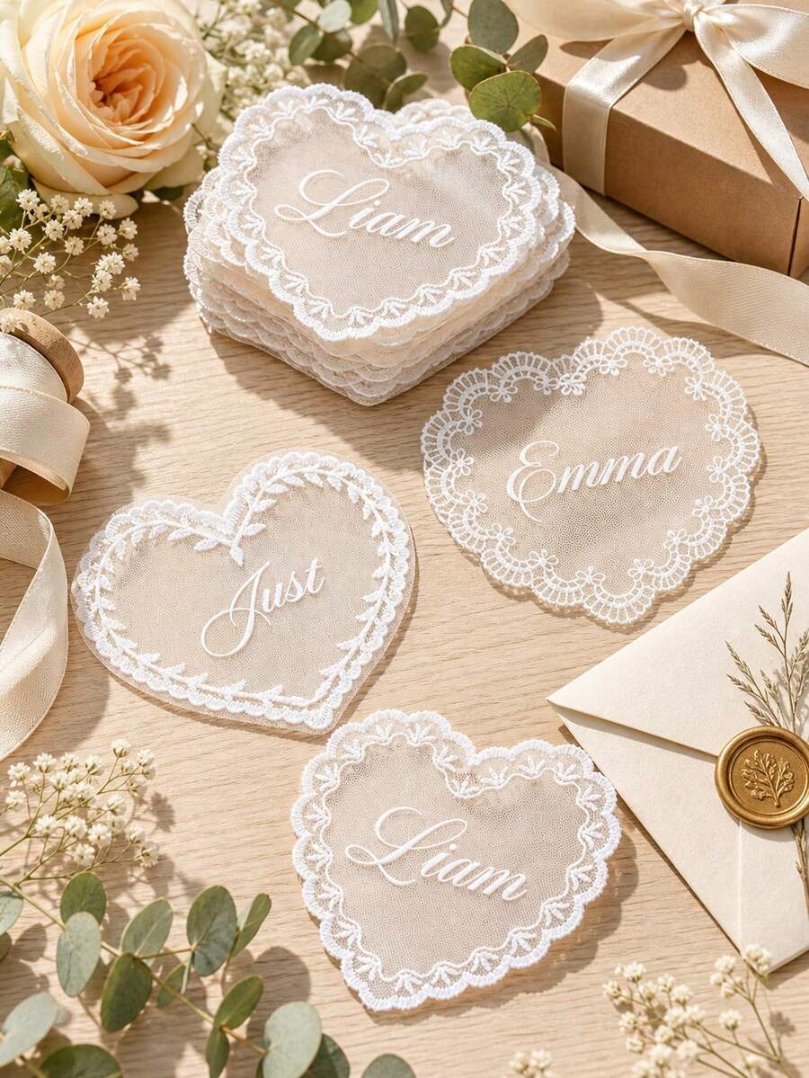 Personalized Bride Name & Date Lace Applique, Custom Wedding Dress Accessory, Custom Bride Name & Date Sew-In Wedding Dress Label, Elegant Lace & Pearl Wedding Dress Accessory, Romantic Bride Keepsake, Perfect Bridal Shower Gift - Multicolor - View 1