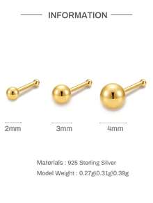 1件 2mm-4mm 925純銀直桿L型鼻釘環，男女通用穿刺飾品，低過敏唇釘式壓入式耳環 - 金色 - 查看 8