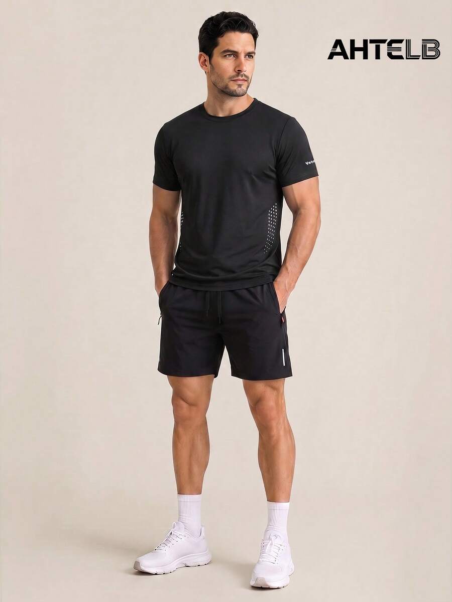 AHTELB Men's Summer Sports 2 Pieces Set Top, Quick-Dry Morning Run Fitness Outfit Black - Black - View 1